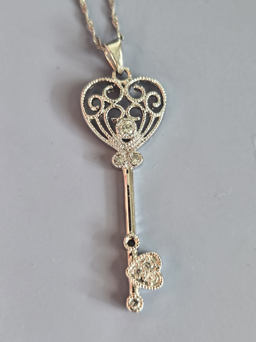 Silver Heart Key Pendant Necklace - Elegant Women's Jewelry